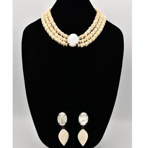 Statement Shell Necklace Clip Earrings Set Abalone Puka Chunky MC Signed Bin2C
